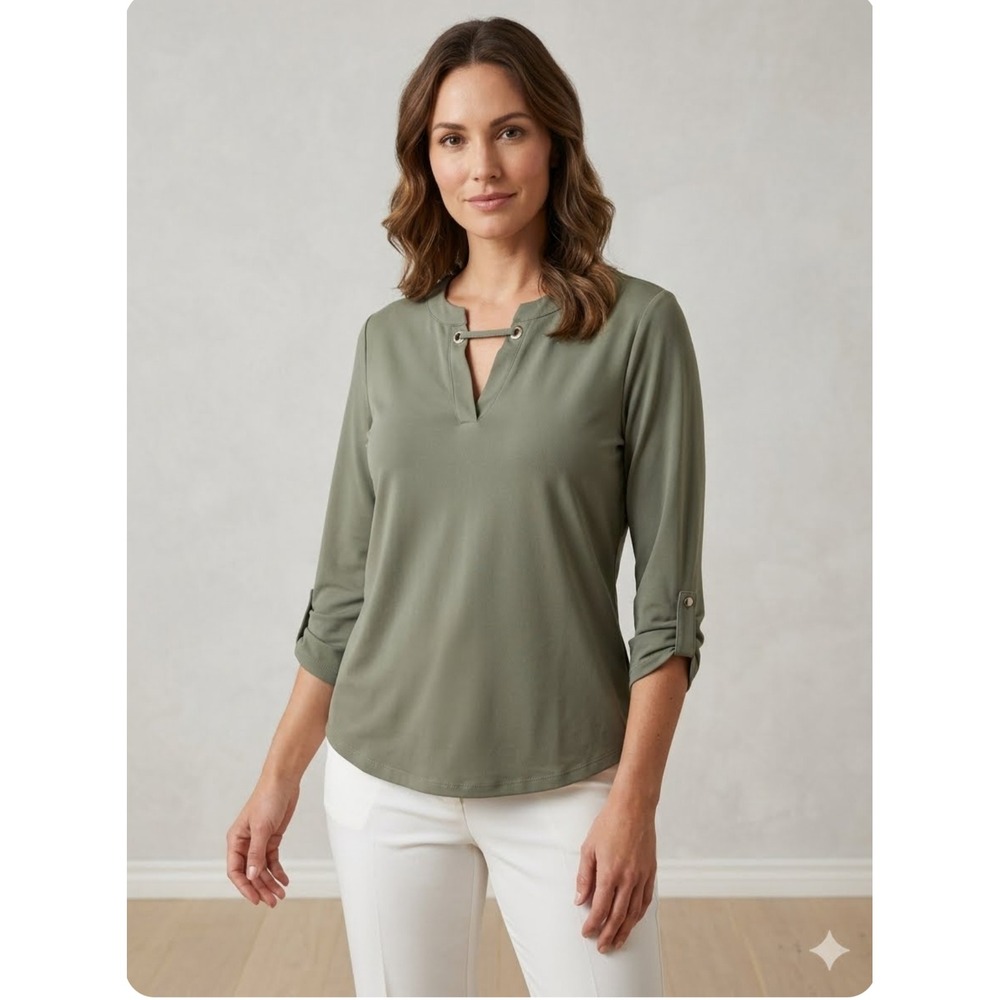 CURE Roll Tab Sleeve Blouse M Olive Rhinestone Detail Split Neck Business Casual